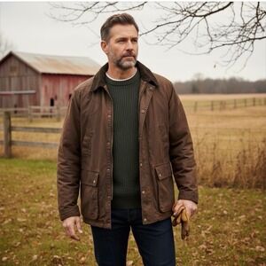 Lands End Vintage Men's Brown Waxed Cotton Barn Jacket Plaid Lined Field Coat L